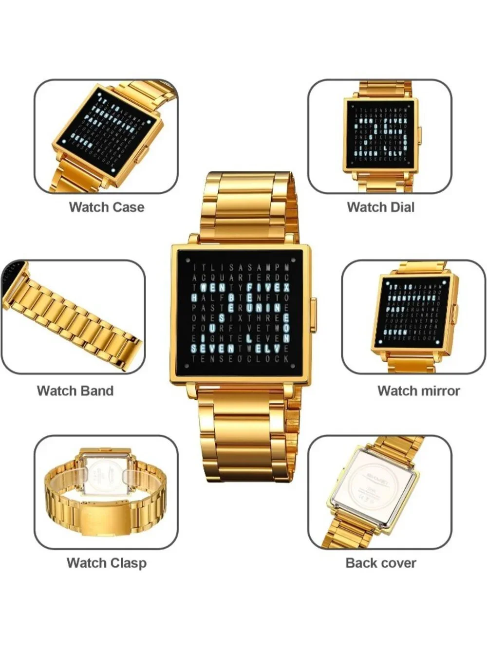 Men's Gold Analog Stainless Steel Multifunctional Waterproof Square Wrist Watch